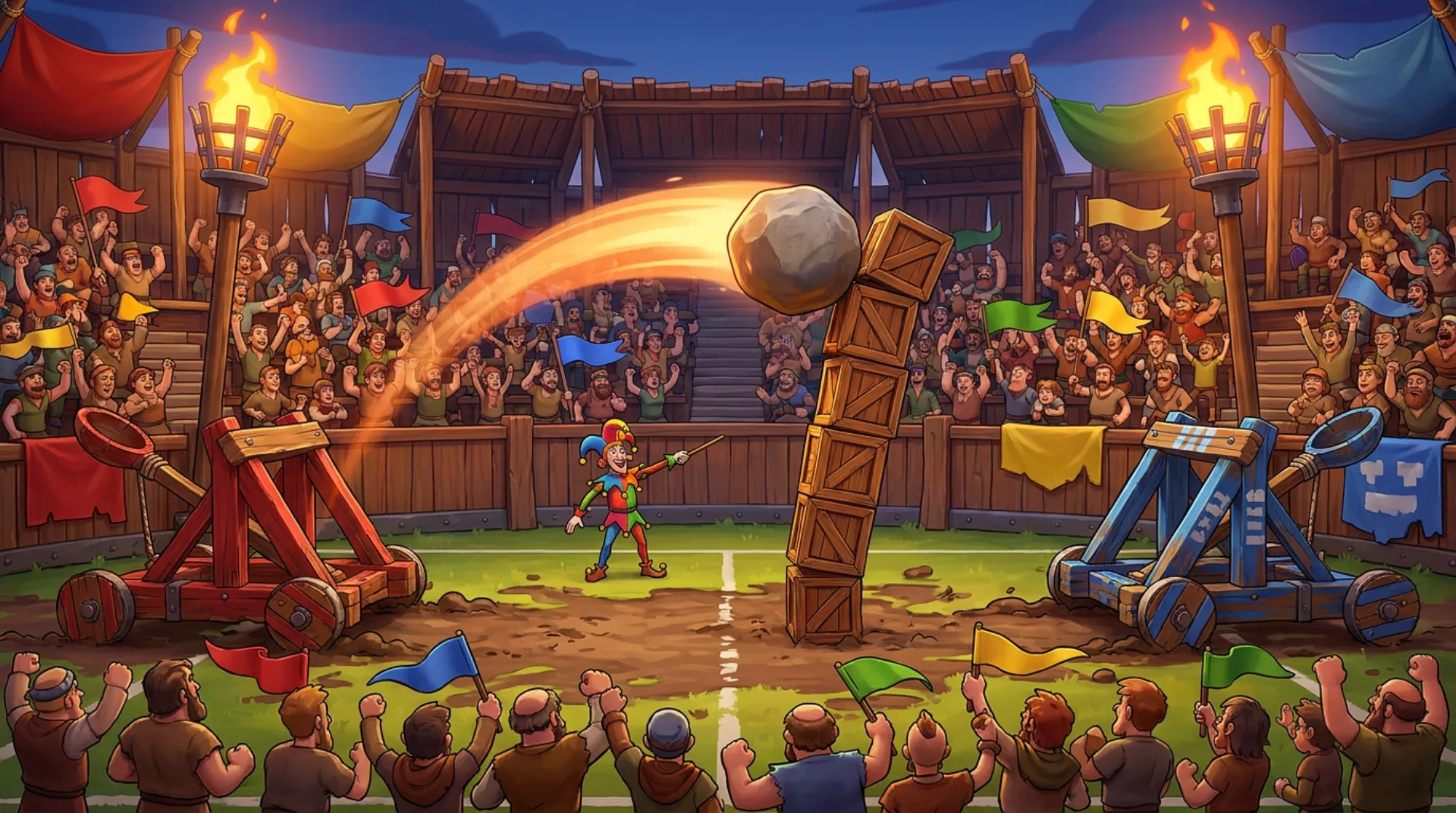 A packed wooden coliseum at dusk: cheering crowds wave colored pennants as a flaming boulder arcs from a red catapult toward a wobbling tower of crates, a blue catapult waits at the far end, and a jester referee points the way.